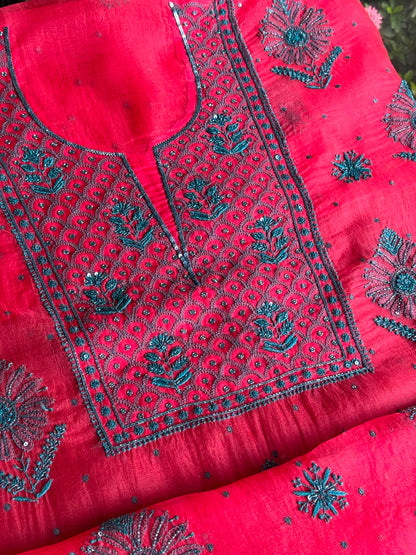 Watermelon Red Shade Noor Organza Silk Chikankari Unstitched Kurta Dupatta Set