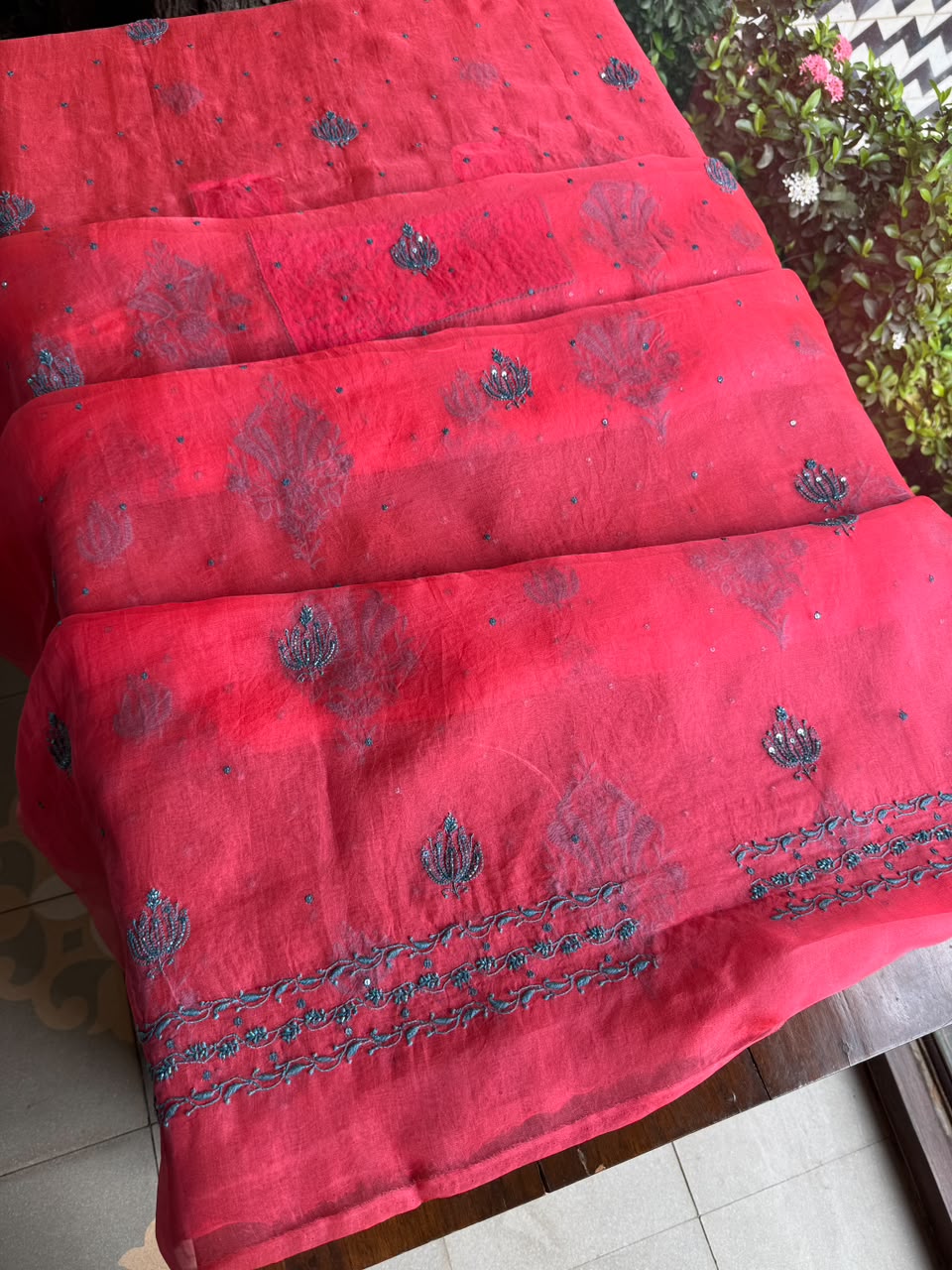 Watermelon Red Shade Noor Organza Silk Chikankari Unstitched Kurta Dupatta Set