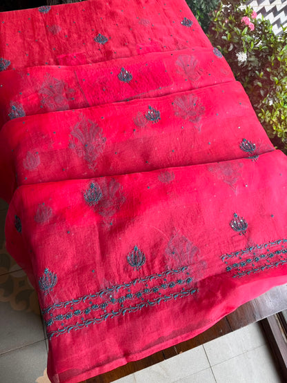 Watermelon Red Shade Noor Organza Silk Chikankari Unstitched Kurta Dupatta Set