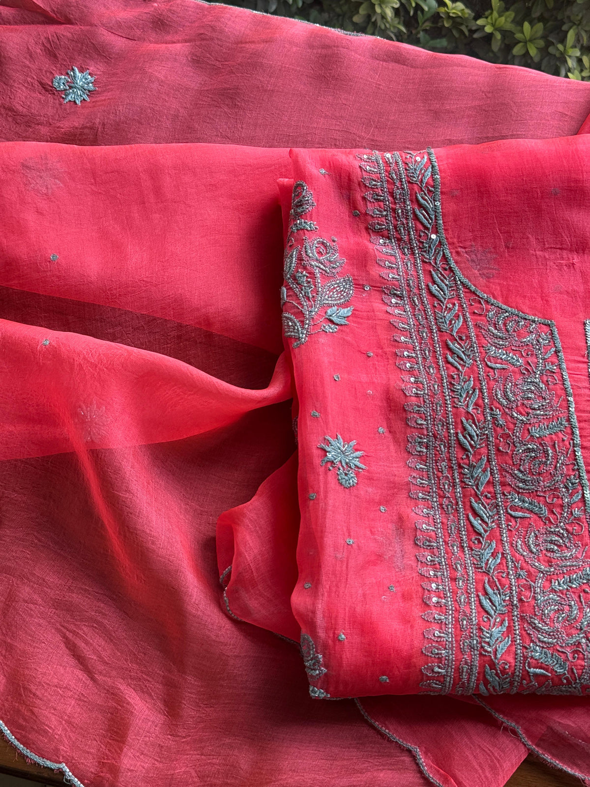 Watermelon Red Shade Noor Organza Silk Chikankari Unstitched Kurta Dupatta Set