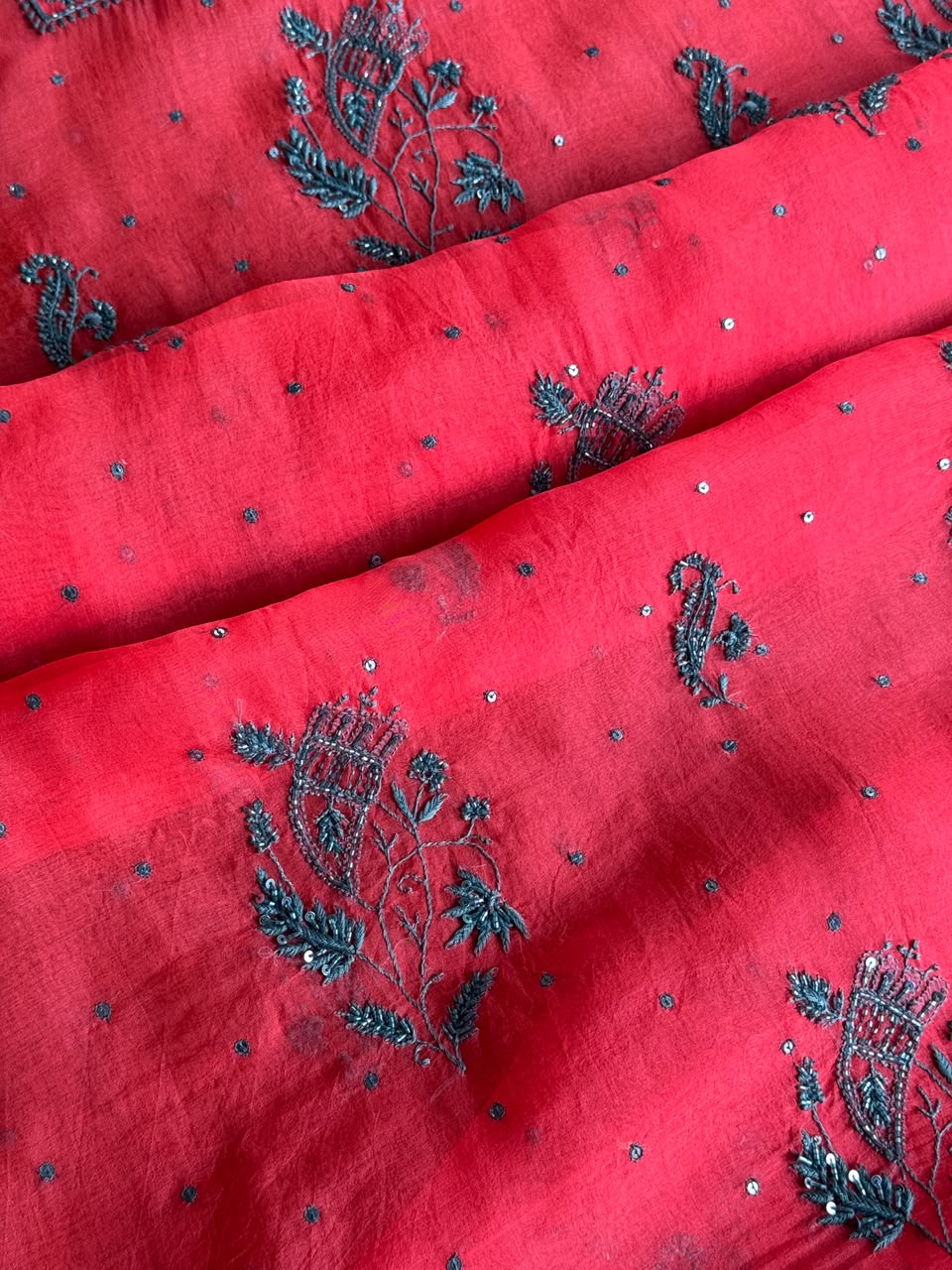 Watermelon Red Shade Noor Organza Silk Chikankari Unstitched Kurta Dupatta Set