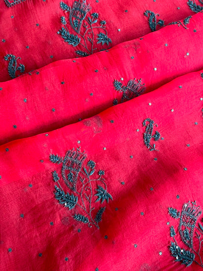 Watermelon Red Shade Noor Organza Silk Chikankari Unstitched Kurta Dupatta Set