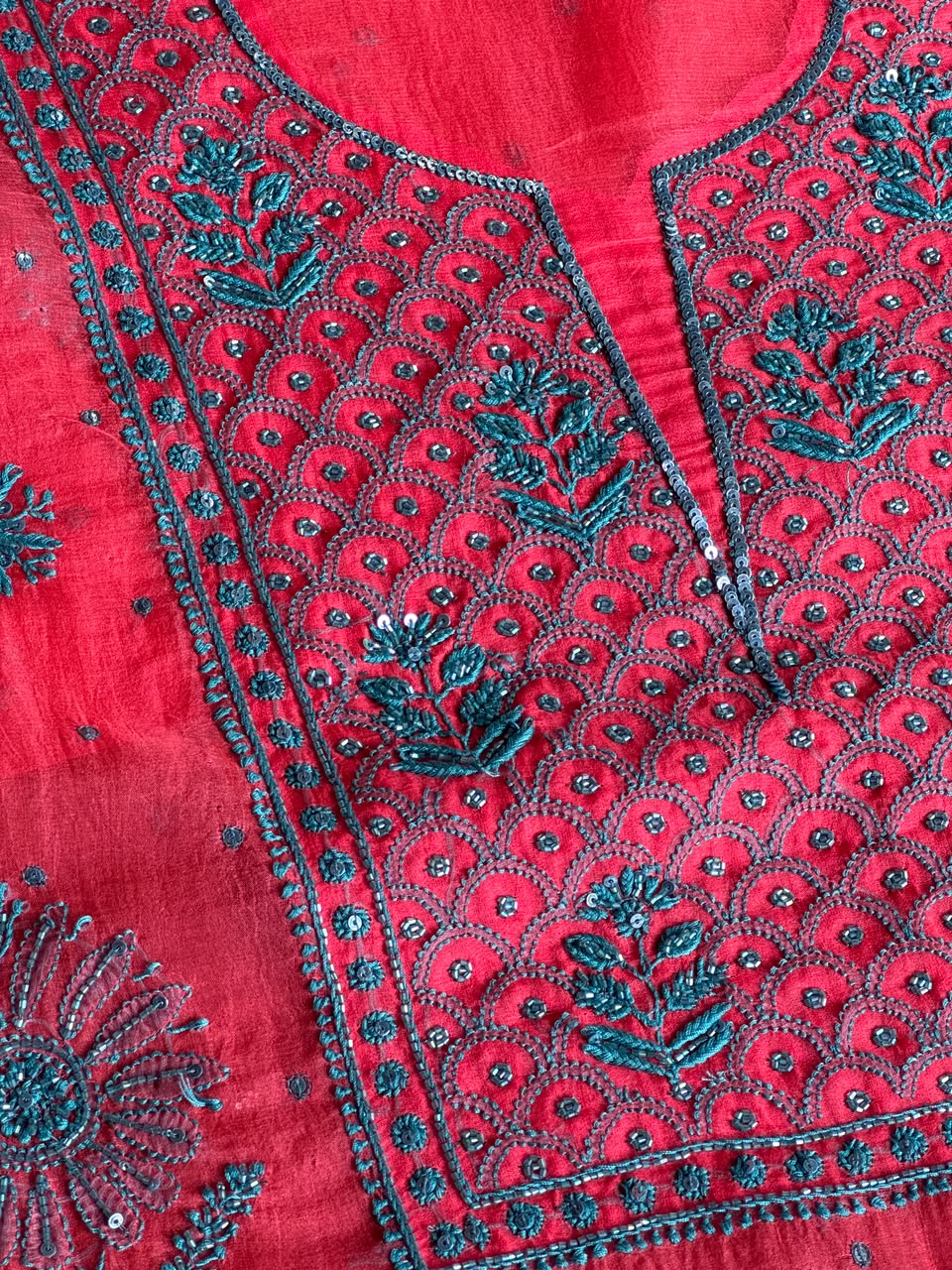 Watermelon Red Shade Noor Organza Silk Chikankari Unstitched Kurta Dupatta Set
