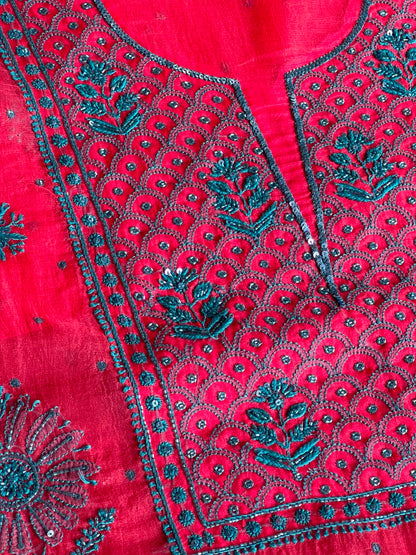 Watermelon Red Shade Noor Organza Silk Chikankari Unstitched Kurta Dupatta Set