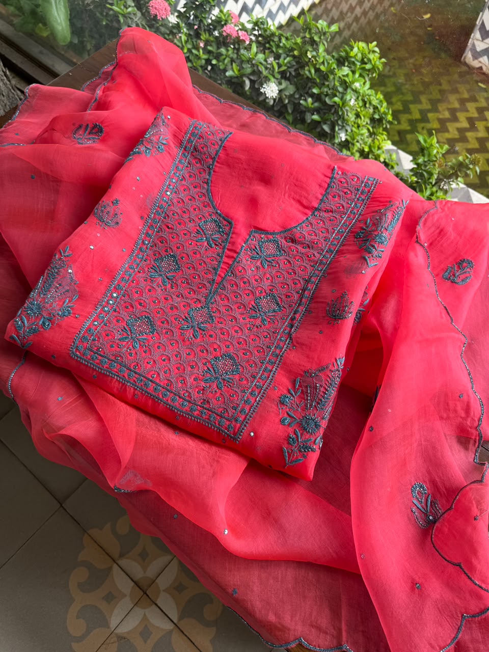 Watermelon Red Shade Noor Organza Silk Chikankari Unstitched Kurta Dupatta Set