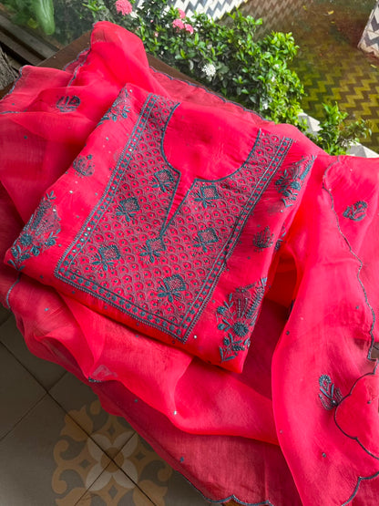 Watermelon Red Shade Noor Organza Silk Chikankari Unstitched Kurta Dupatta Set
