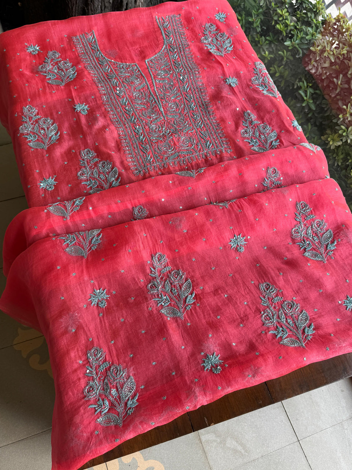Watermelon Red Shade Noor Organza Silk Chikankari Unstitched Kurta Dupatta Set
