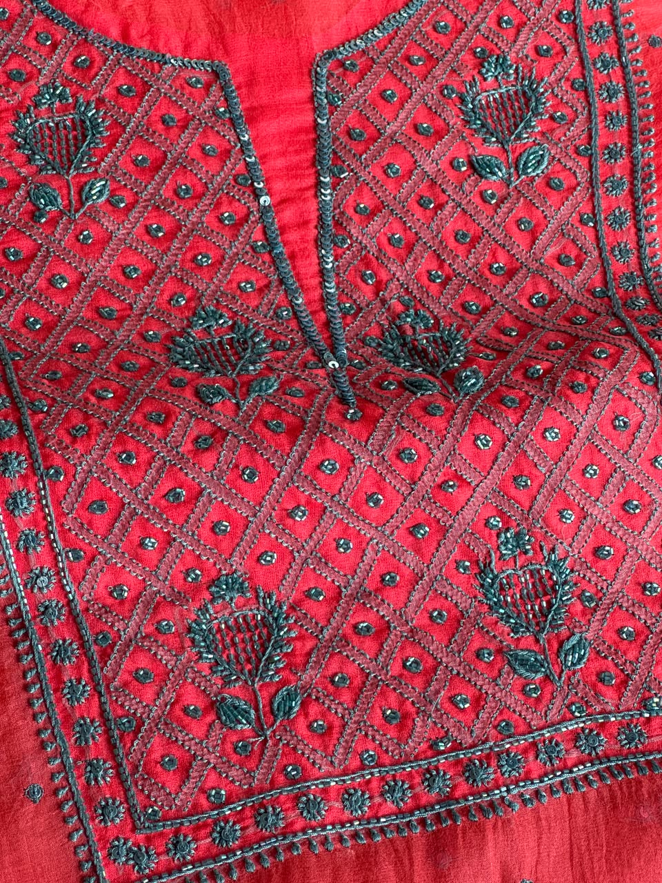 Watermelon Red Shade Noor Organza Silk Chikankari Unstitched Kurta Dupatta Set