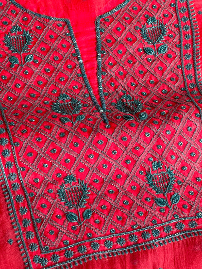 Watermelon Red Shade Noor Organza Silk Chikankari Unstitched Kurta Dupatta Set