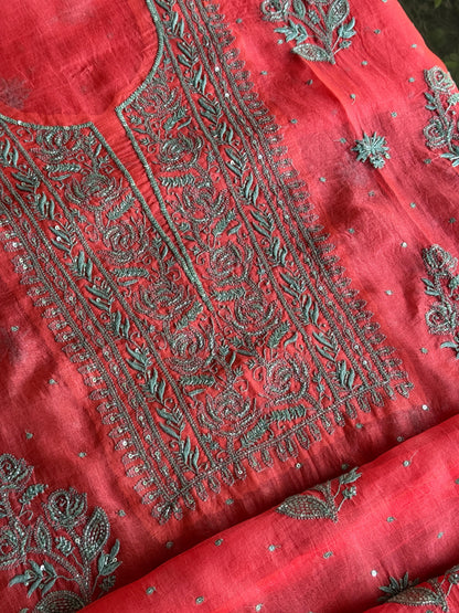 Watermelon Red Shade Noor Organza Silk Chikankari Unstitched Kurta Dupatta Set