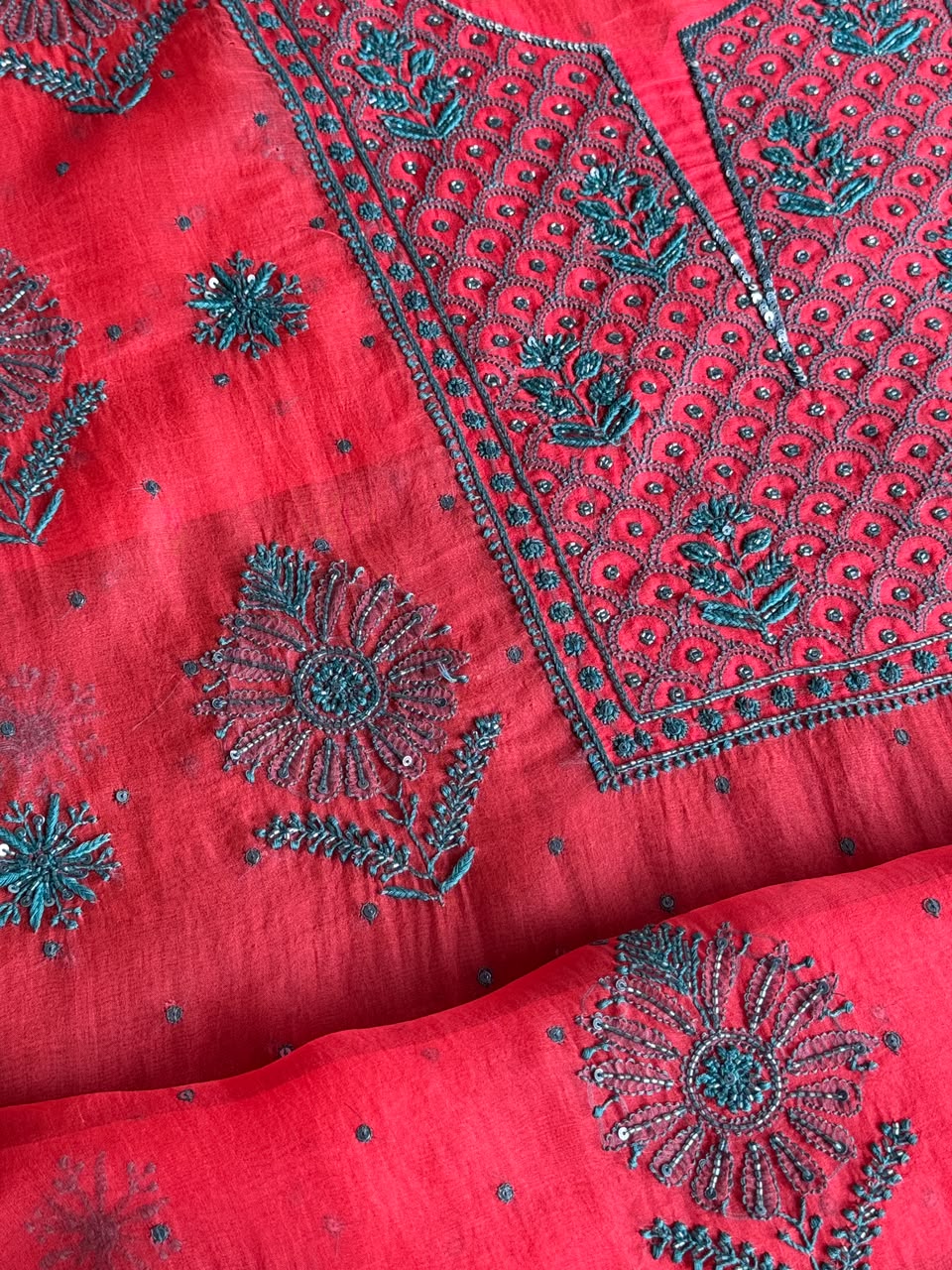 Watermelon Red Shade Noor Organza Silk Chikankari Unstitched Kurta Dupatta Set