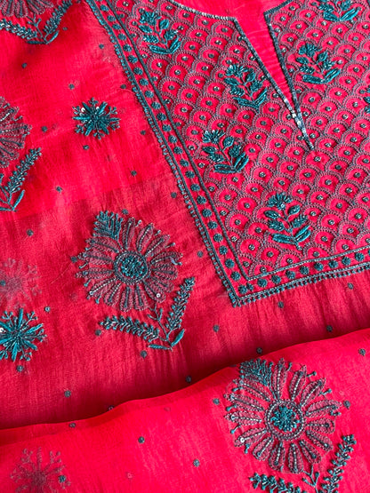 Watermelon Red Shade Noor Organza Silk Chikankari Unstitched Kurta Dupatta Set