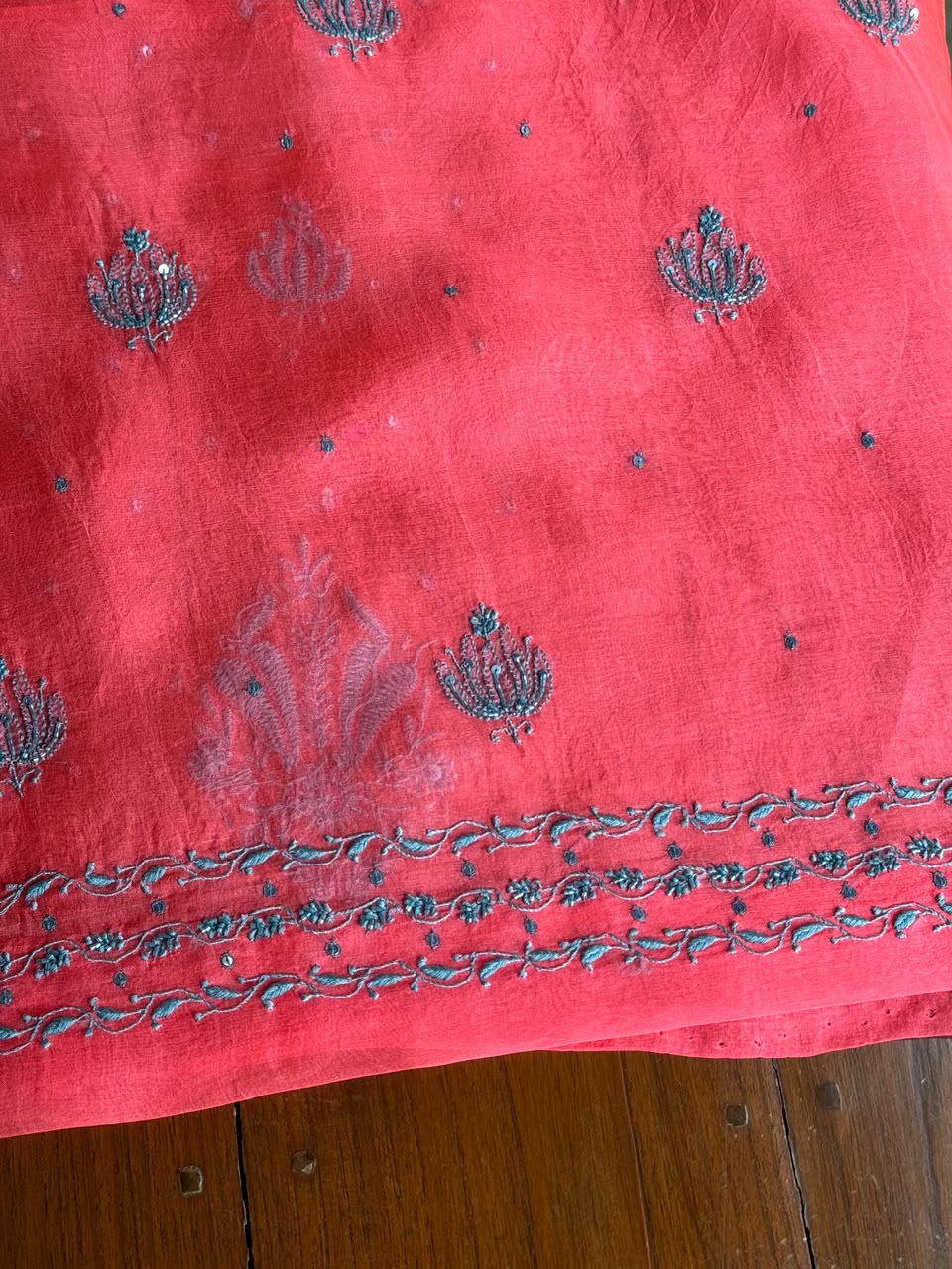 Watermelon Red Shade Noor Organza Silk Chikankari Unstitched Kurta Dupatta Set