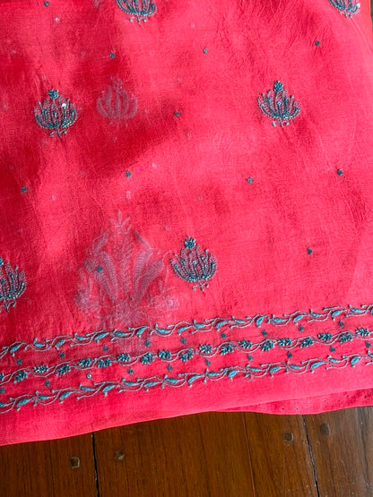 Watermelon Red Shade Noor Organza Silk Chikankari Unstitched Kurta Dupatta Set