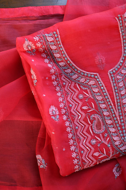 Watermelon Red Shade Organza Silk Chikankari Unstitched Fabric