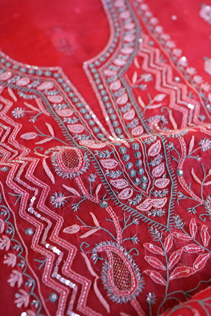 Watermelon Red Shade Organza Silk Chikankari Unstitched Fabric