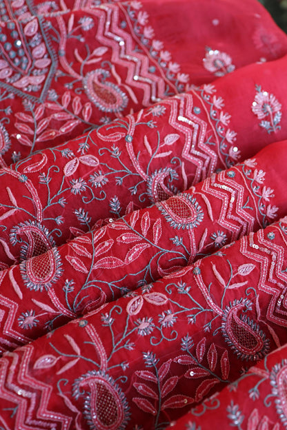 Watermelon Red Shade Organza Silk Chikankari Unstitched Fabric