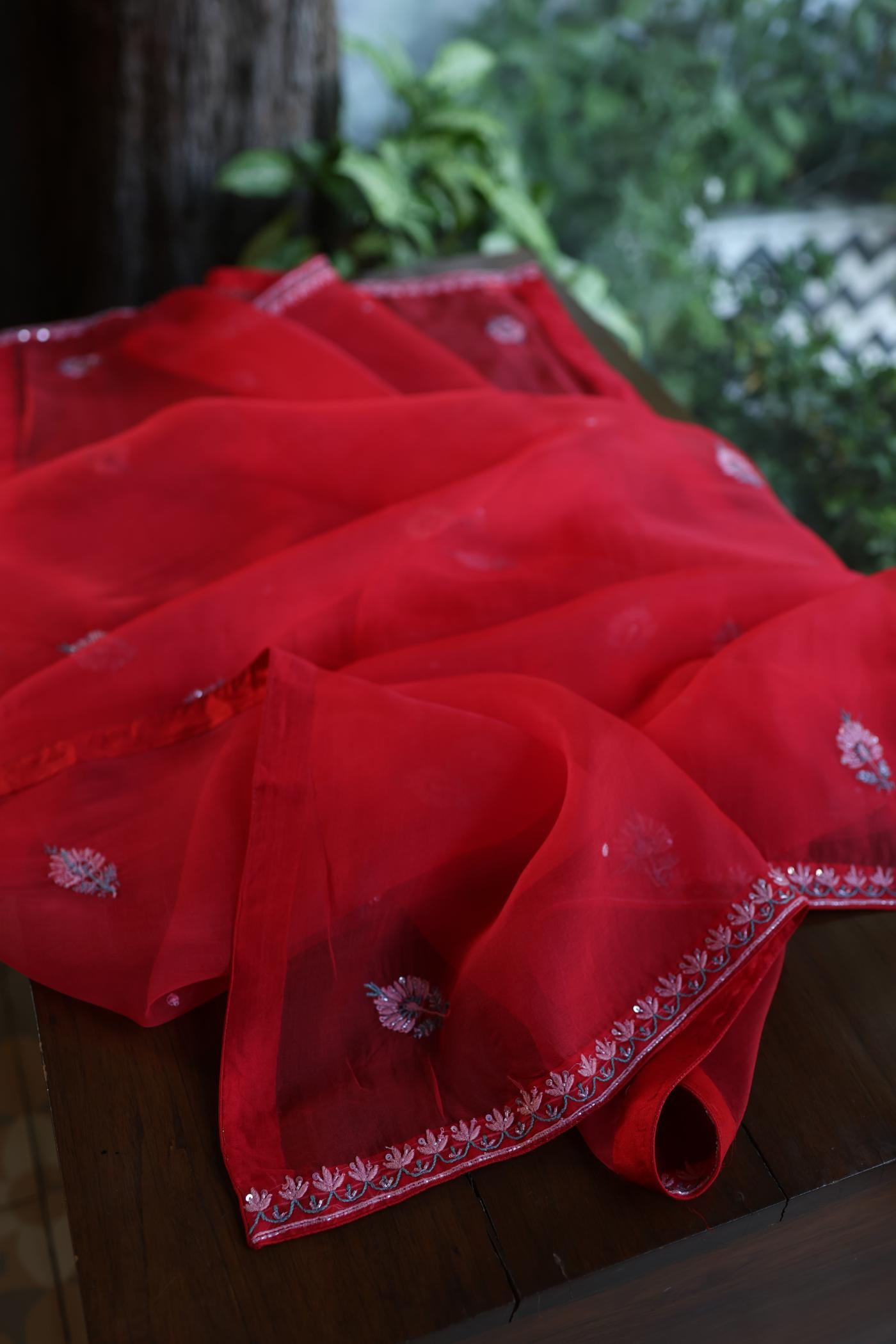 Watermelon Red Shade Organza Silk Chikankari Unstitched Fabric