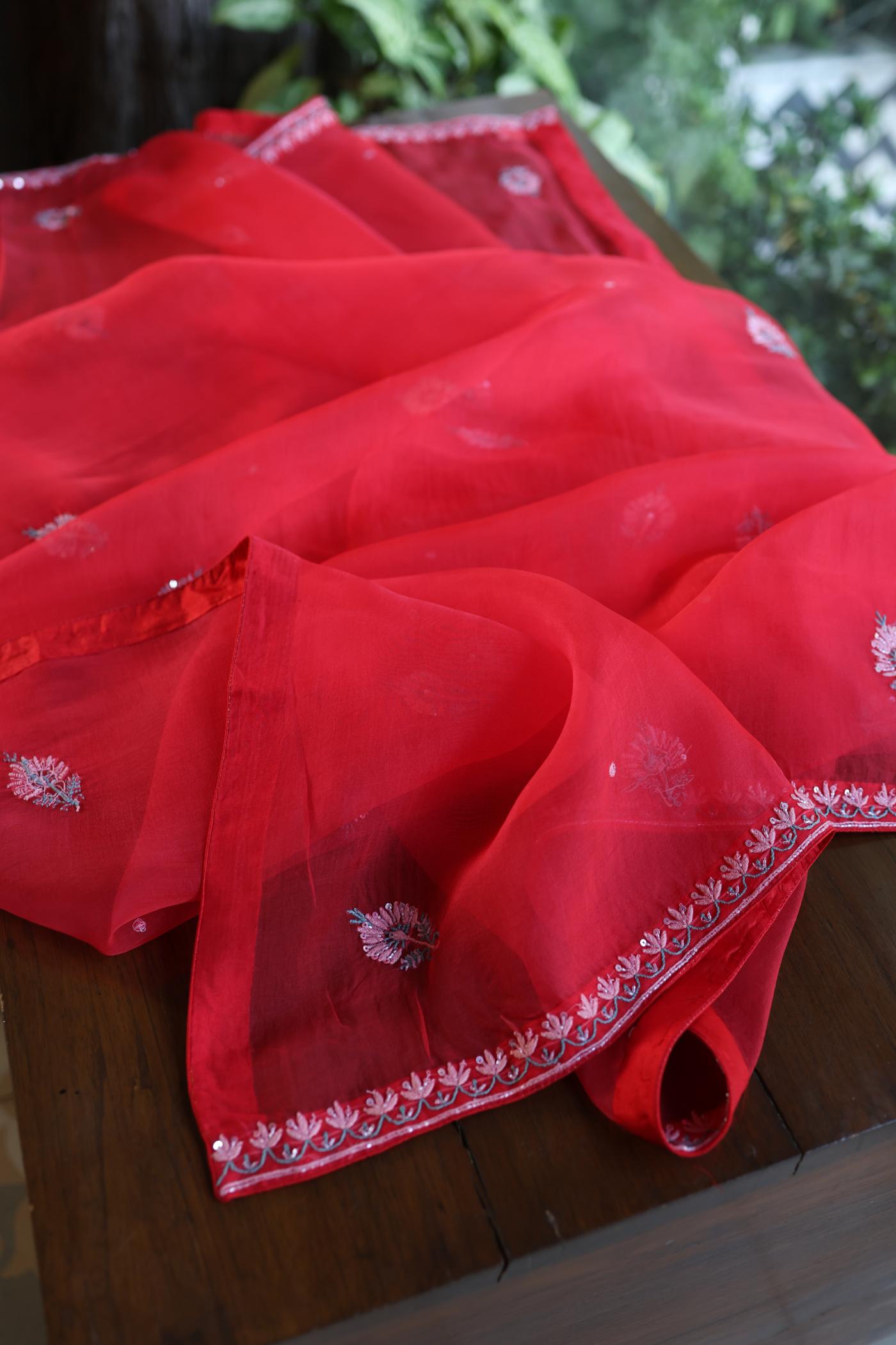 Watermelon Red Shade Organza Silk Chikankari Unstitched Fabric