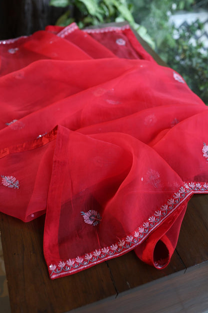 Watermelon Red Shade Organza Silk Chikankari Unstitched Fabric