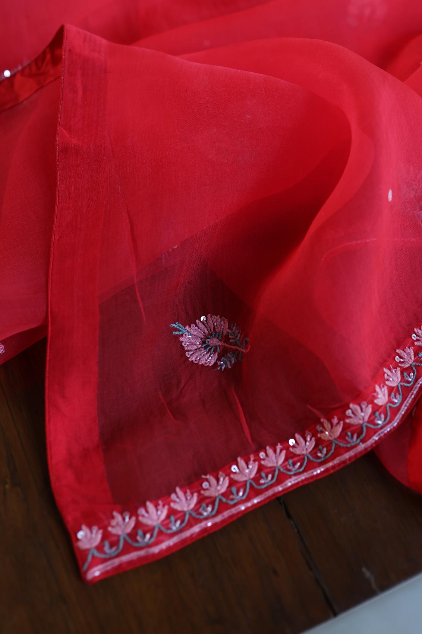 Watermelon Red Shade Organza Silk Chikankari Unstitched Fabric