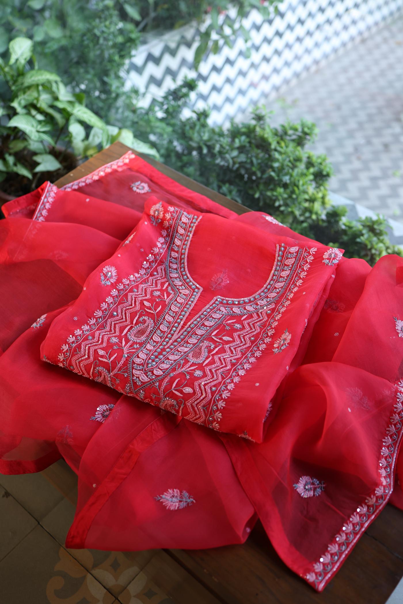 Watermelon Red Shade Organza Silk Chikankari Unstitched Fabric