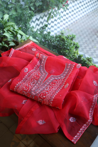 Watermelon Red Shade Organza Silk Chikankari Unstitched Fabric