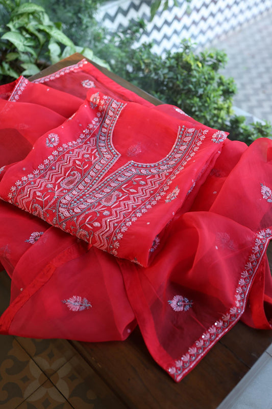 Watermelon Red Shade Organza Silk Chikankari Unstitched Fabric