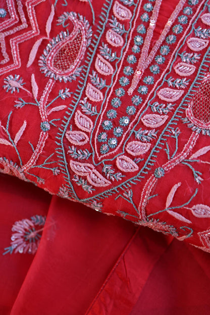 Watermelon Red Shade Organza Silk Chikankari Unstitched Fabric
