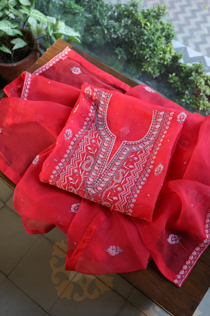 Watermelon Red Shade Organza Silk Chikankari Unstitched Fabric
