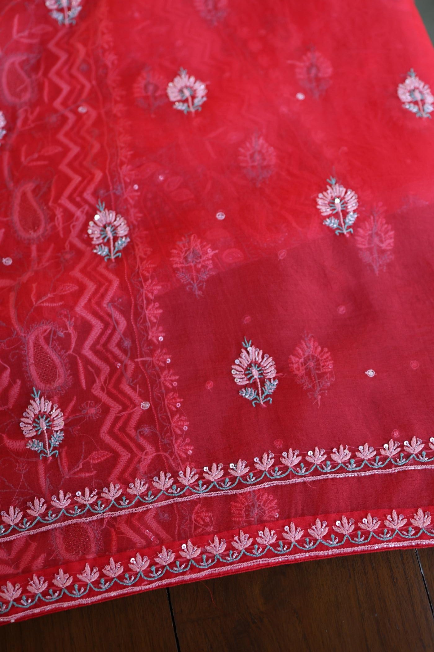 Watermelon Red Shade Organza Silk Chikankari Unstitched Fabric