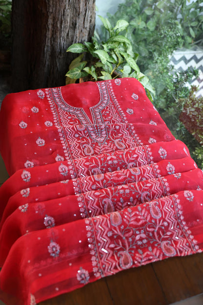 Watermelon Red Shade Organza Silk Chikankari Unstitched Fabric