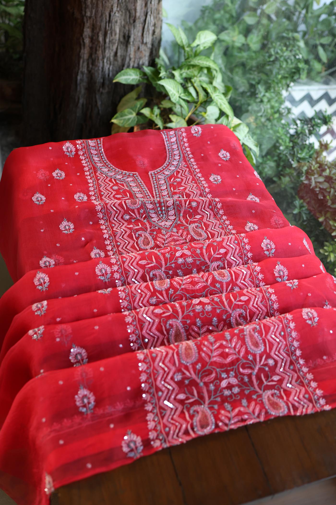 Watermelon Red Shade Organza Silk Chikankari Unstitched Fabric
