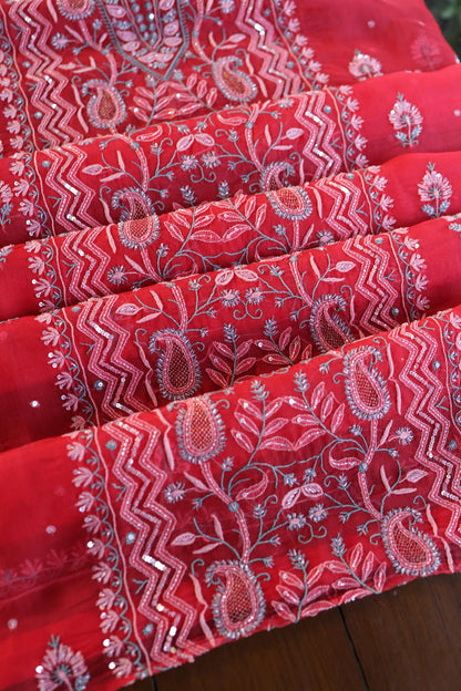 Watermelon Red Shade Organza Silk Chikankari Unstitched Fabric