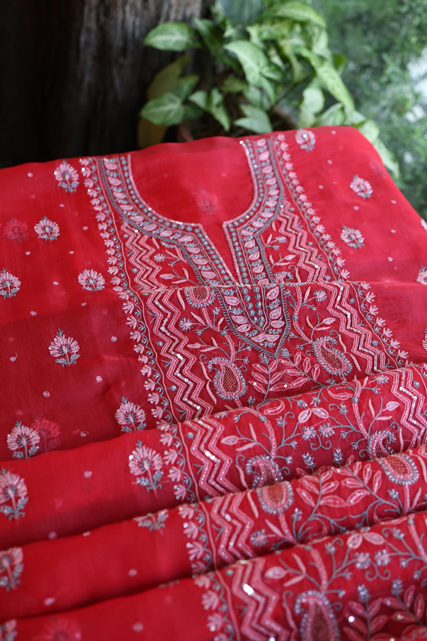 Watermelon Red Shade Organza Silk Chikankari Unstitched Fabric