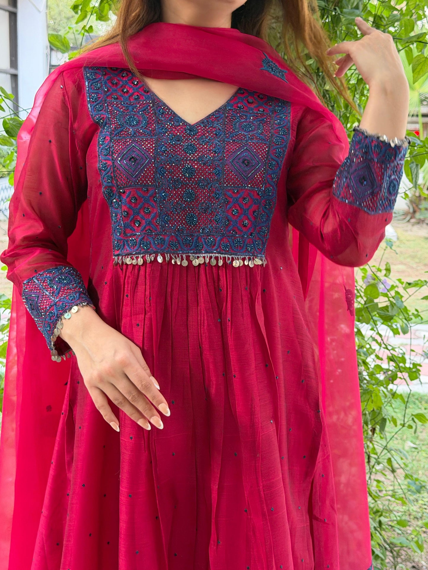 Watermelon Red Sico (Silk Cotton) Chikankari Tux Kurta Set