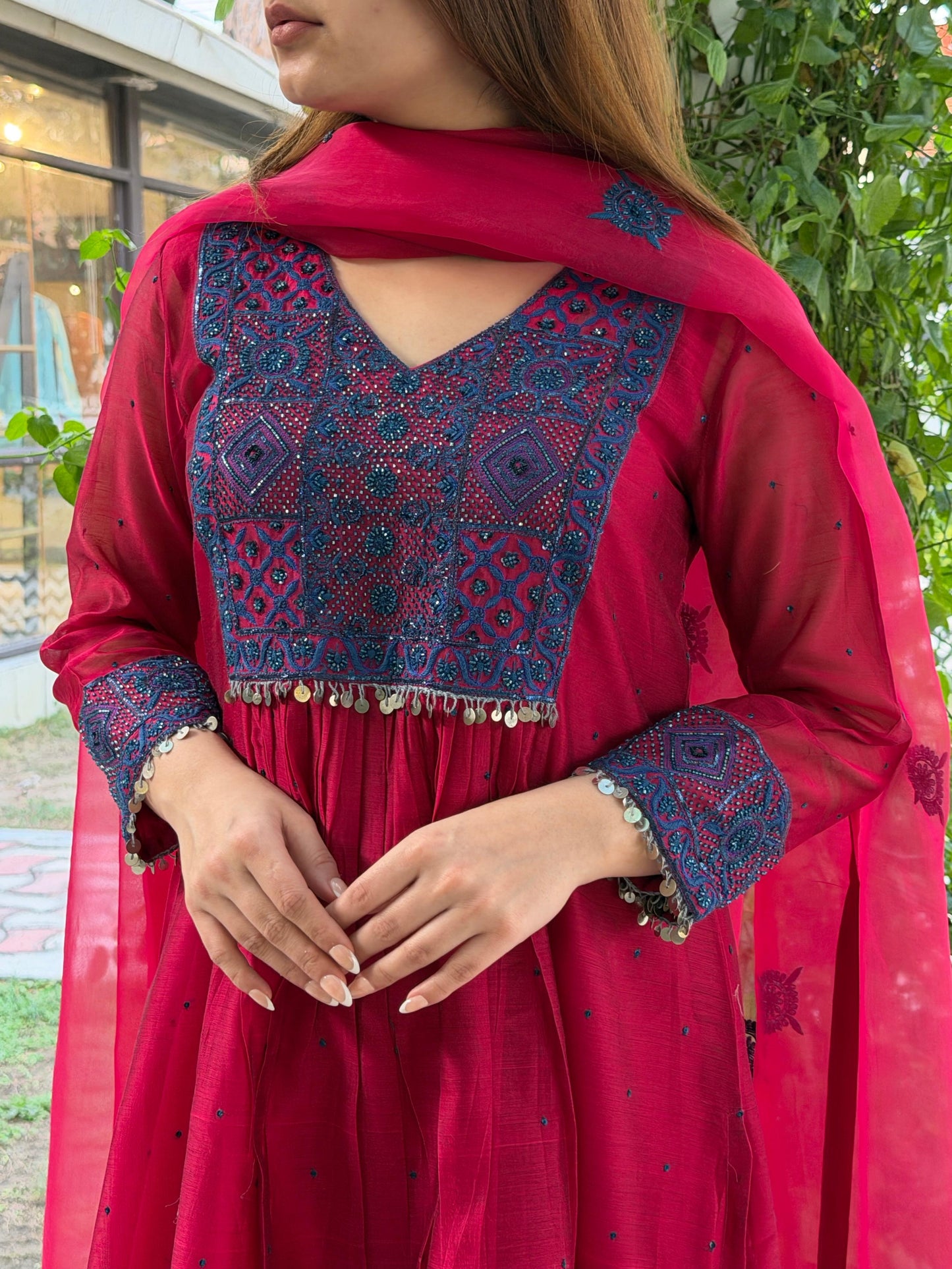 Watermelon Red Sico (Silk Cotton) Chikankari Tux Kurta Set