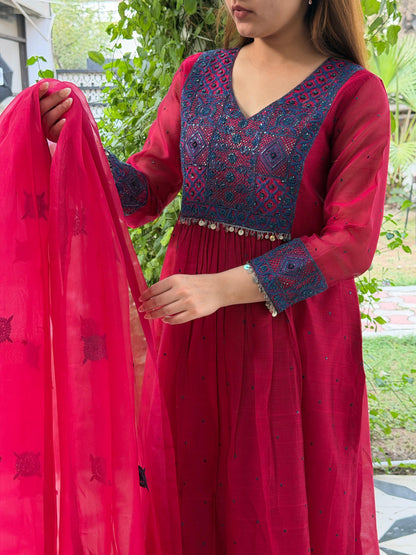Watermelon Red Sico (Silk Cotton) Chikankari Tux Kurta Set