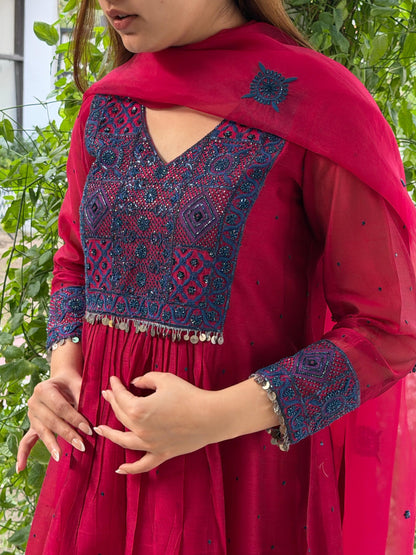 Watermelon Red Sico (Silk Cotton) Chikankari Tux Kurta Set