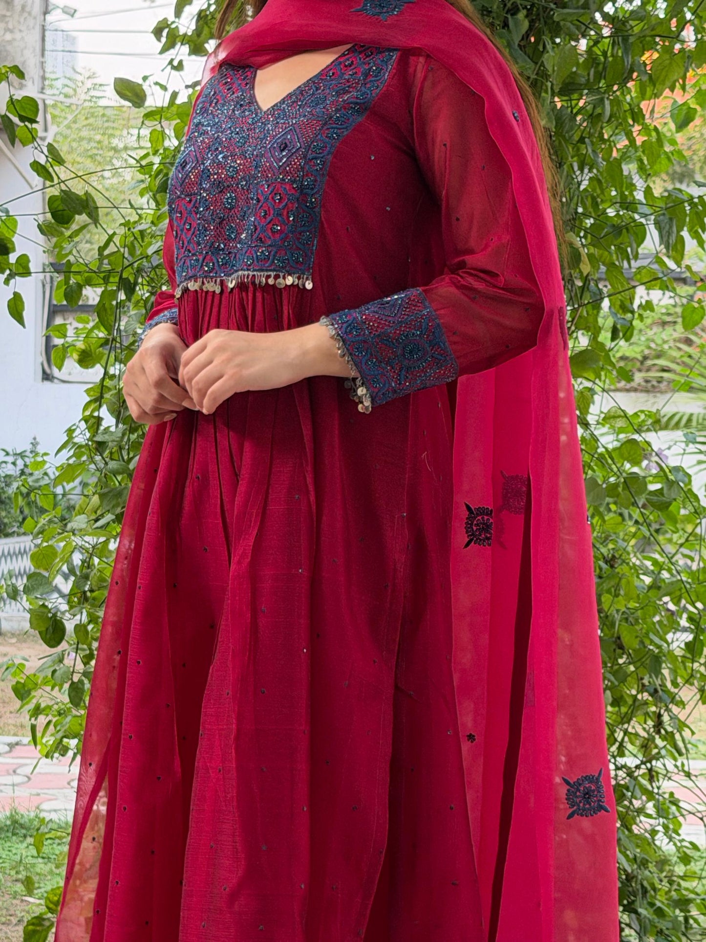 Watermelon Red Sico (Silk Cotton) Chikankari Tux Kurta Set