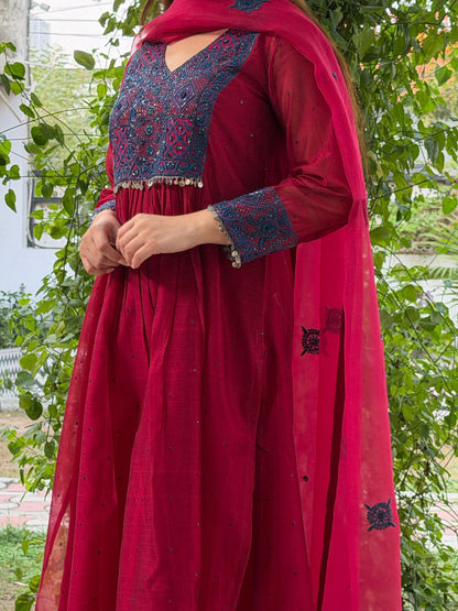 Watermelon Red Sico (Silk Cotton) Chikankari Tux Kurta Set