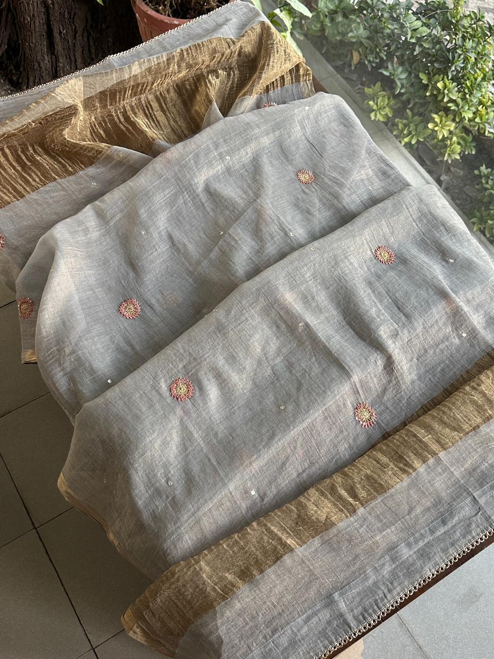 Cloudy Grey Shade | Tissue Silk Chikankari Work Kalidaar Kurta Dupatta Set