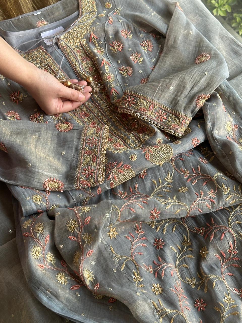 Cloudy Grey Shade | Tissue Silk Chikankari Work Kalidaar Kurta Dupatta Set