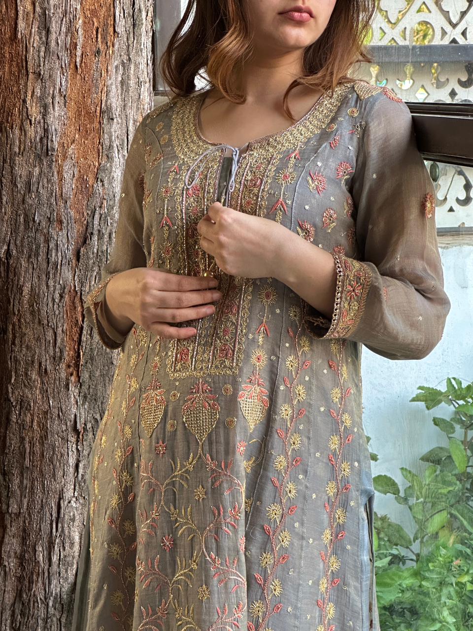 Cloudy Grey Shade | Tissue Silk Chikankari Work Kalidaar Kurta Dupatta Set