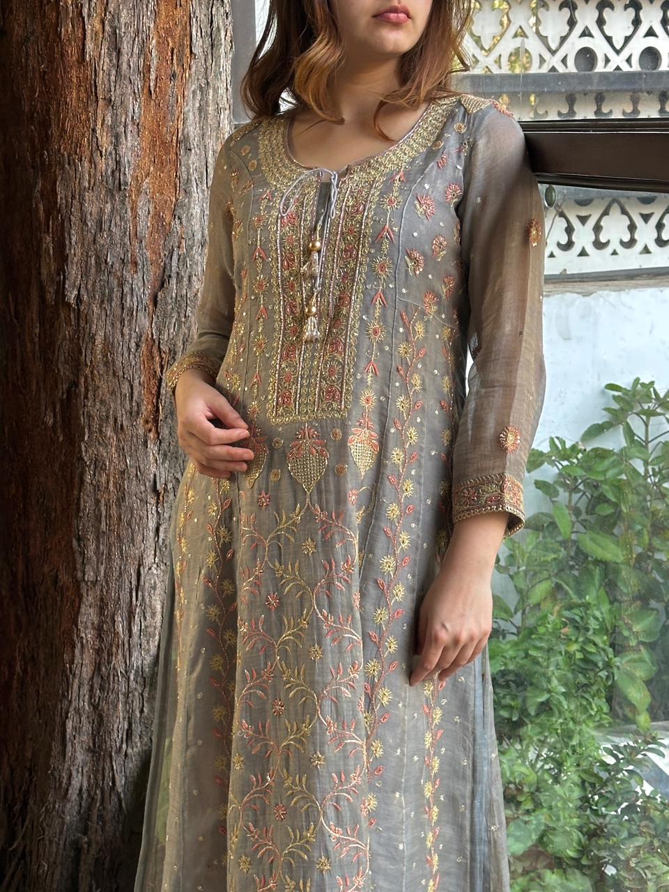 Cloudy Grey Shade | Tissue Silk Chikankari Work Kalidaar Kurta Dupatta Set