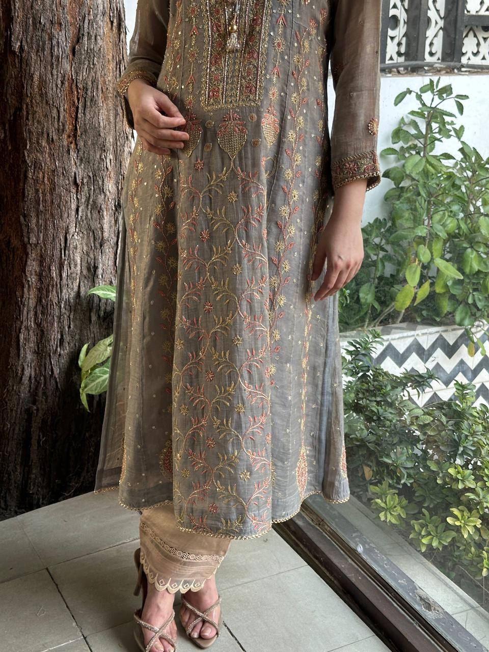 Cloudy Grey Shade | Tissue Silk Chikankari Work Kalidaar Kurta Dupatta Set