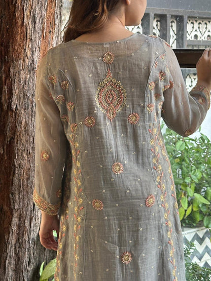 Cloudy Grey Shade | Tissue Silk Chikankari Work Kalidaar Kurta Dupatta Set