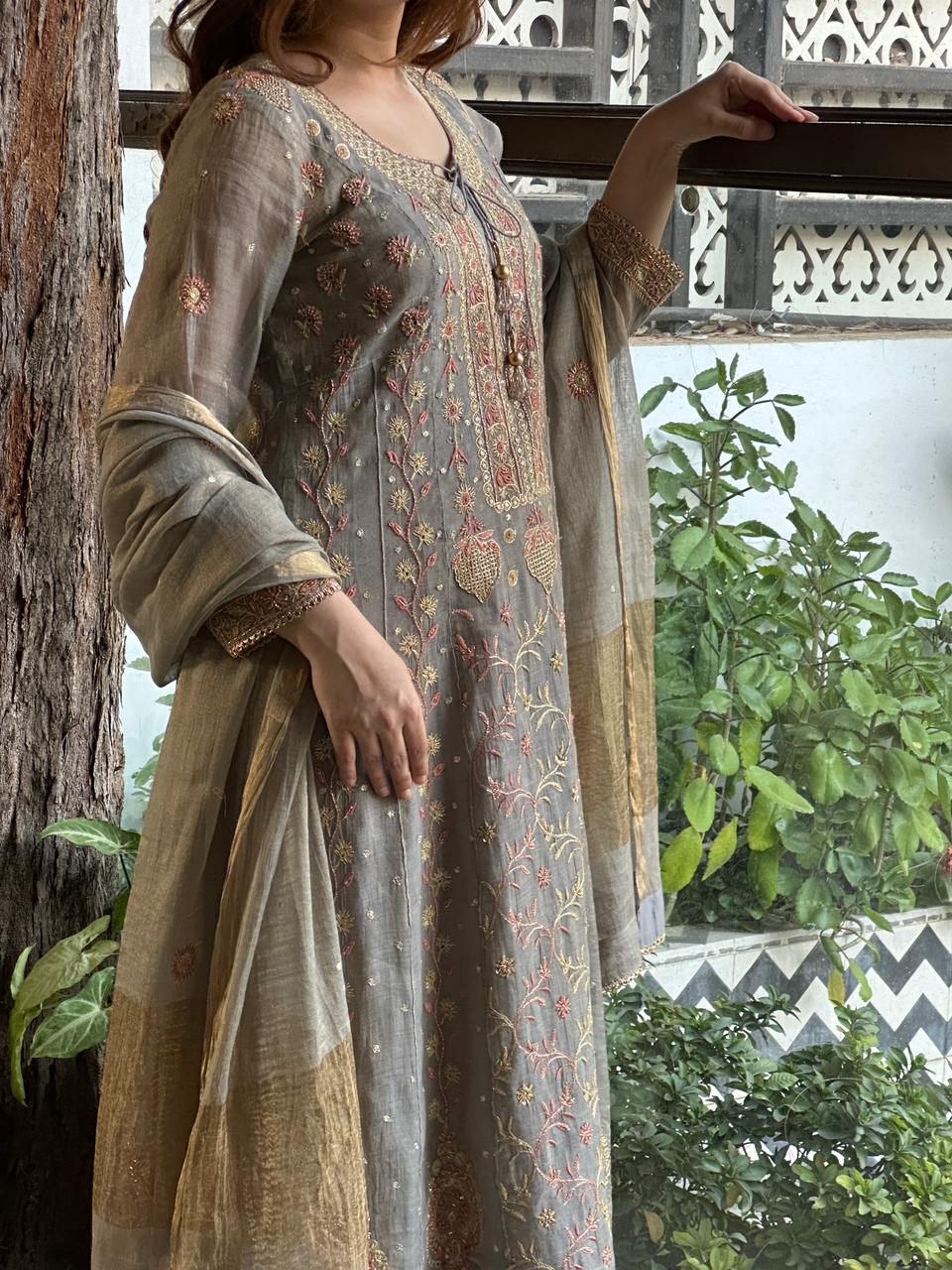 Cloudy Grey Shade | Tissue Silk Chikankari Work Kalidaar Kurta Dupatta Set