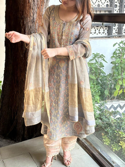Cloudy Grey Shade | Tissue Silk Chikankari Work Kalidaar Kurta Dupatta Set