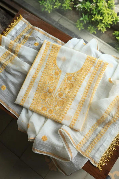 White & Yellow Mal Chanderi Silk Chikankari With Sequins Unstitched Kurta Dupatta Set